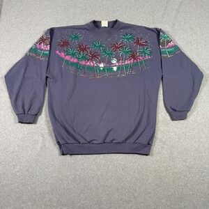 Vintage 90s Lifestyles Palm Tree Puff Print Sweatshirt Womens L/XL Blue USA Made